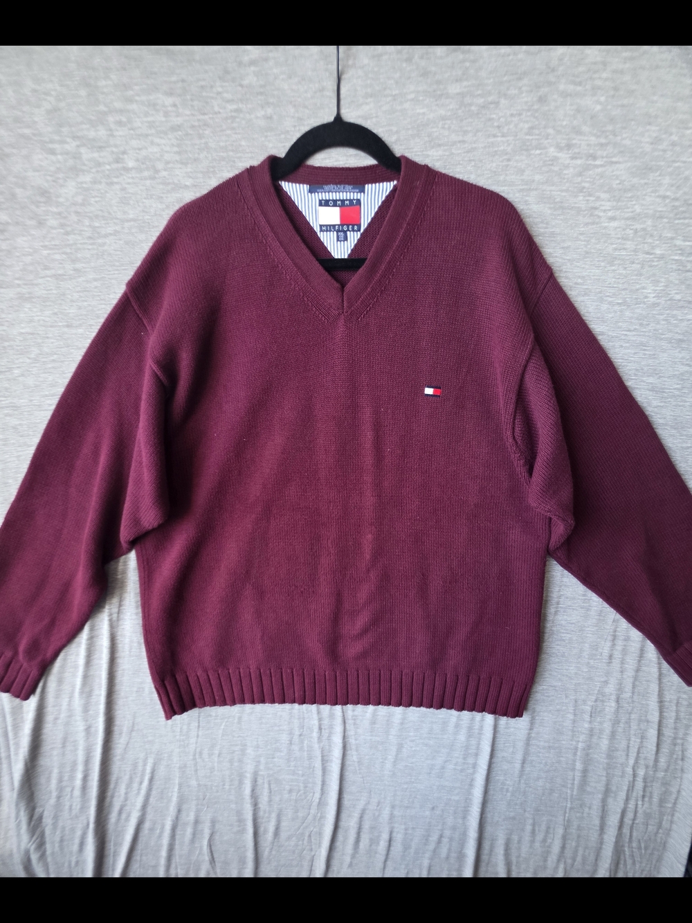 VTG Tommy Hilfiger Men's XXL Burgundy V Neck Cotton Sweater Flag Logo 90s